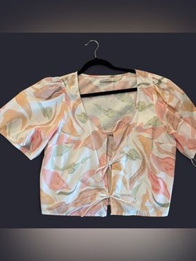 Abercrombie & Fitch Pastel Swirl Tie-Front Blouse in Pink, Peach, Green